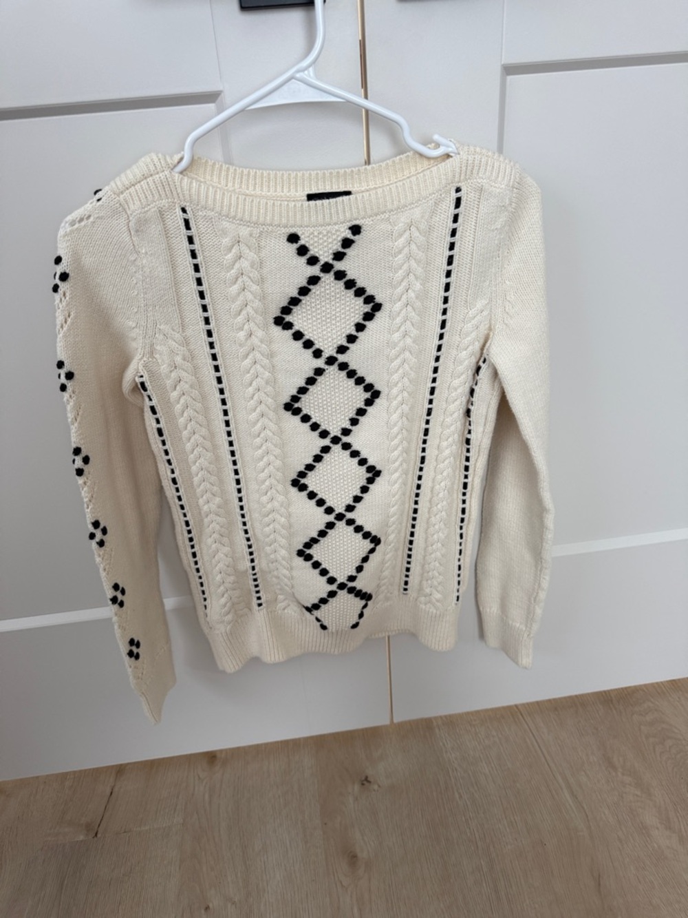 Talbots Cream Cable Knit Sweater with Black Dot Diamond Pattern